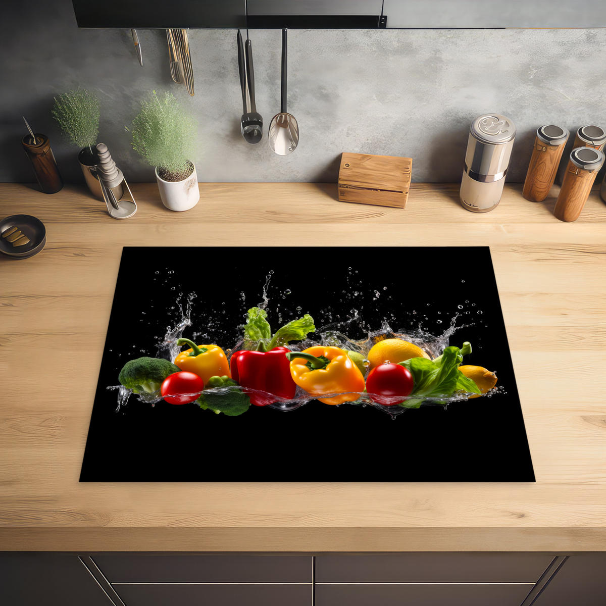 HERDABDECKPLATTE Paprika - Wasser - Gemüse - Schwarz 70x52 cm - Multicolor, Kunststoff (70/0.2/52cm) - MuchoWow