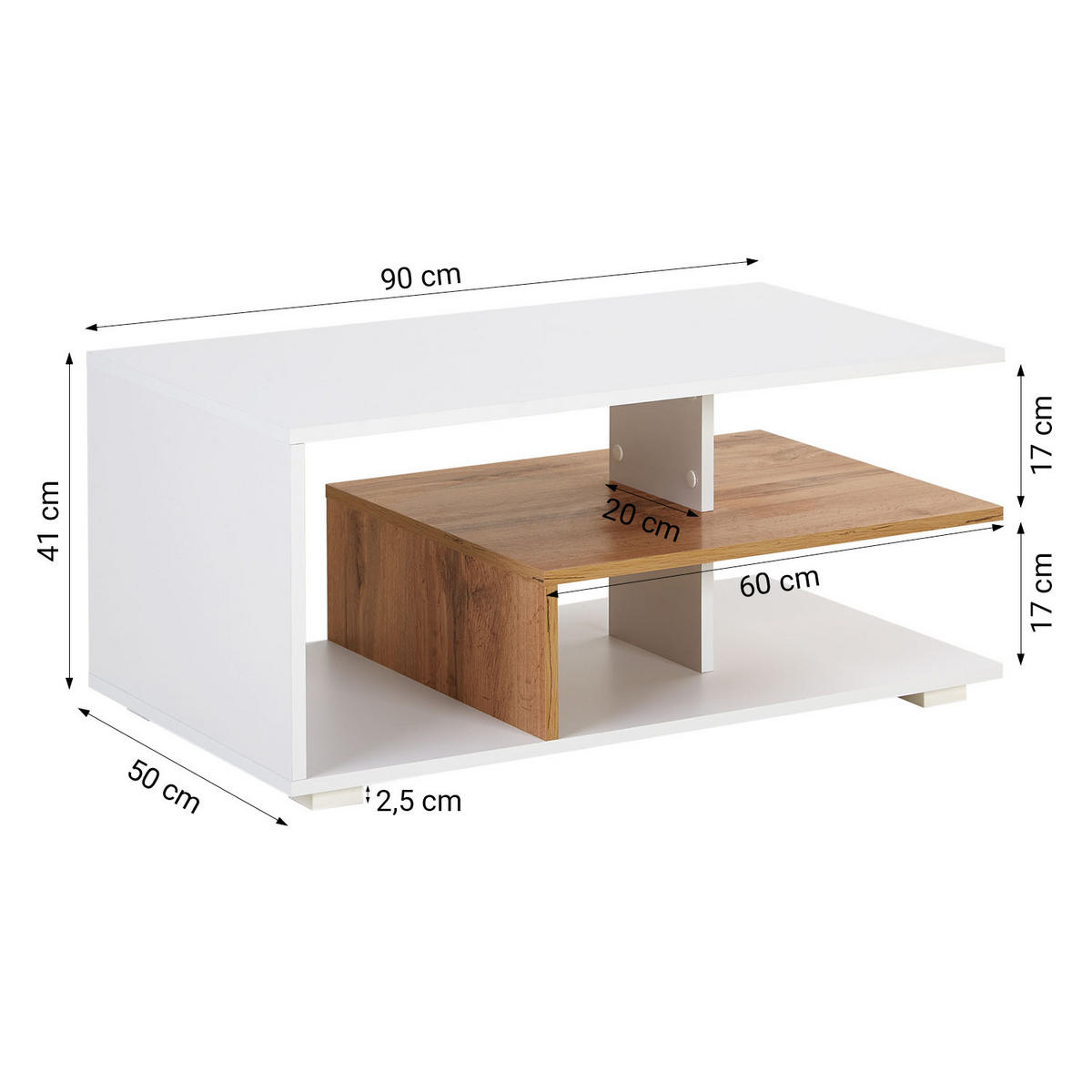 COUCHTISCH rechteckig Weiß, Natur 90/41/50 cm - Weiß/Naturfarben, Holzwerkstoff (50/90/41cm) - Homestyle4u
