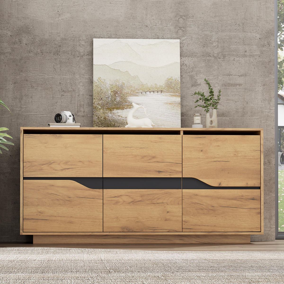 SIDEBOARD Holz Schwarz 3 Türen 140x40x70cm Stauraum Modern - Eichefarben, Holzwerkstoff (40/70/140cm) - FLIEKS