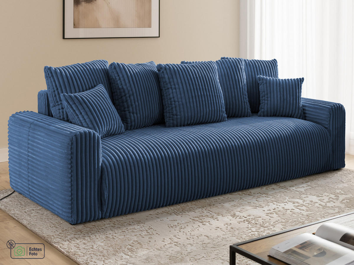 SCHLAFSOFA Calma mit Bettkasten im Bumpy-Design aus weichem Marineblau Plüschcord - Blau/Schwarz, Holz/Kunststoff (239/88/98cm) - S-Style
