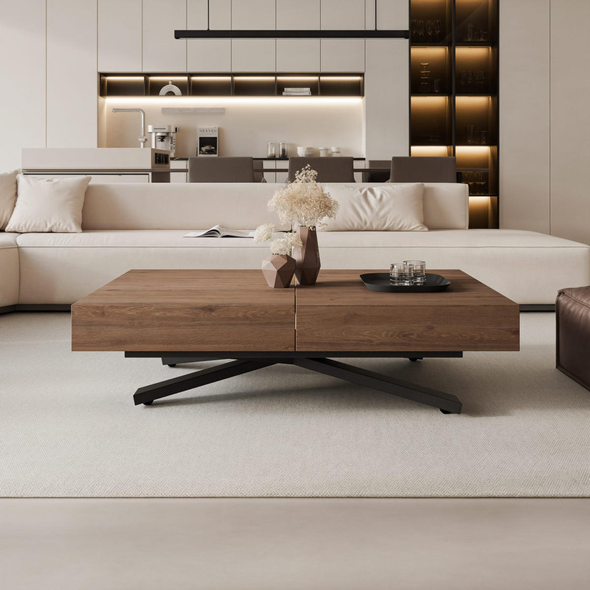 COUCHTISCH SANELLE X ausziehbar mit Liftfunktion, 120/80/76 cm Schwarz/Trüffel-Eiche - Trüffeleichefarben/Schwarz, Holzwerkstoff/Metall (120/80/27cm) - Idohome