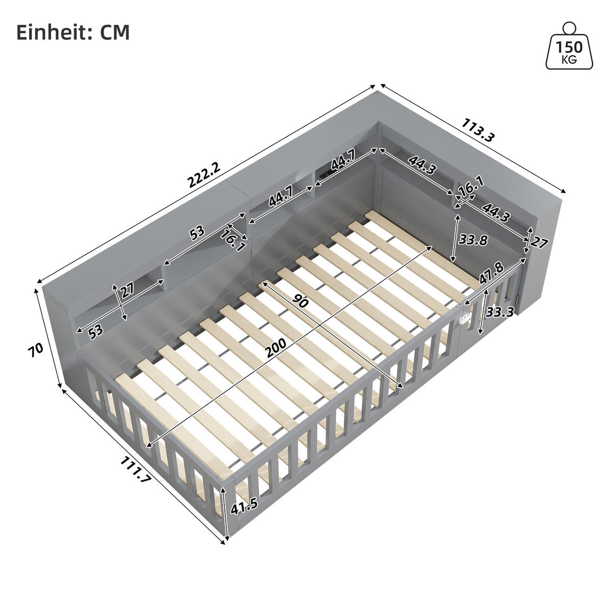 DAYBETT 90/200 cm Grau mit Staufach und USB-Anschlüssen aus Spanplatte - Grau, Holzwerkstoff (90/200cm) - OKWISH