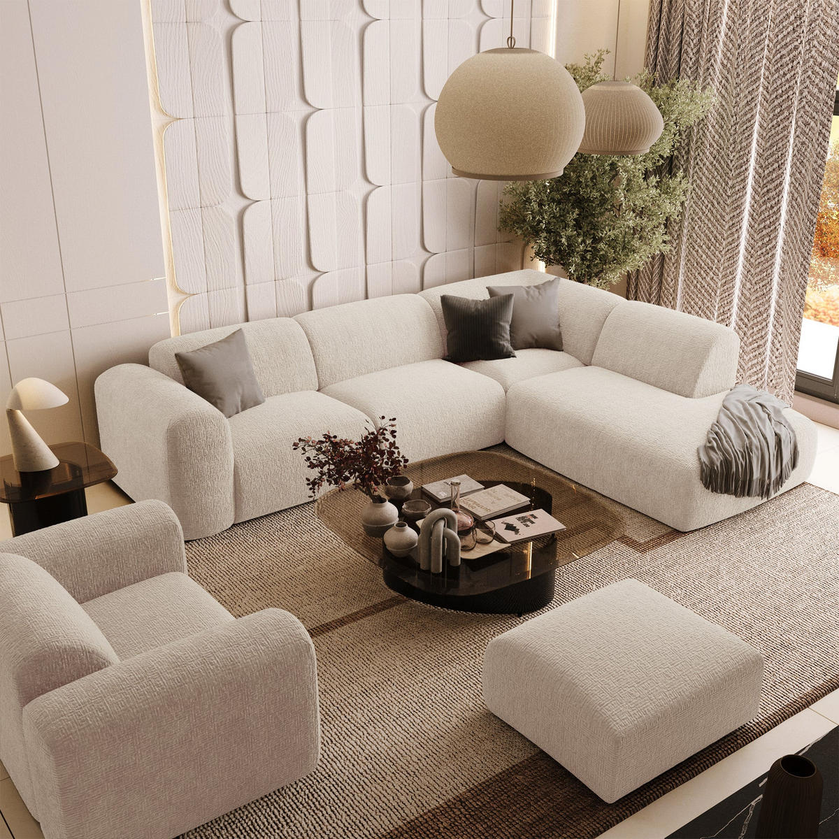 ECKSOFA RECHTS Gemusterter Samt Creme 269cm - Creme, Textil (269/221cm) - Sia Home