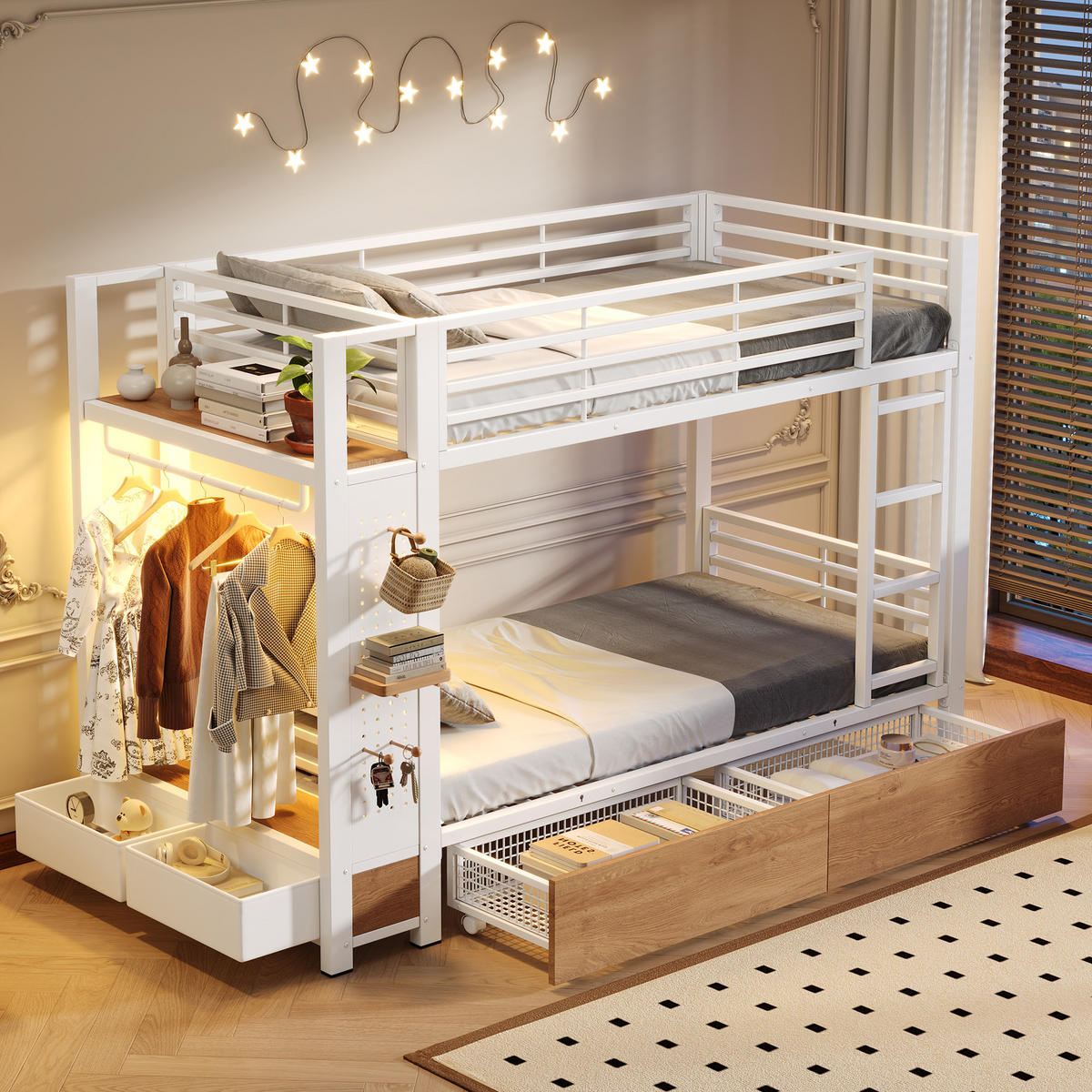 ETAGENBETT 90/200 cm mit LED und Schubladen, DE-41971, in Weiß - Weiß, Metall (90/200cm) - ComfortXL