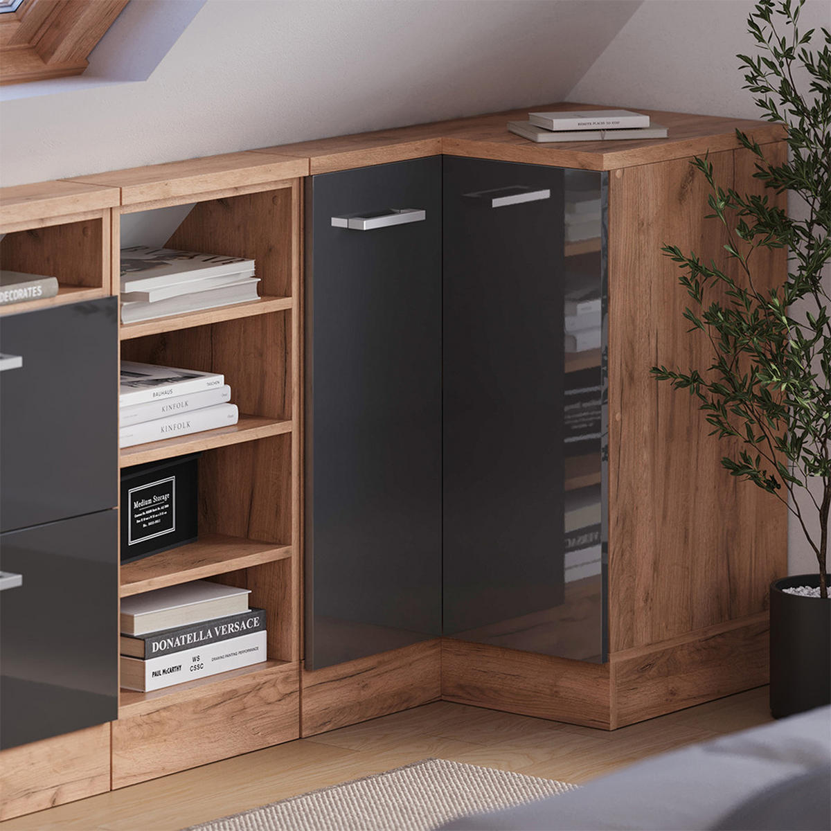 DACHSCHRÄGENSCHRANK ECKSCHRANK Rion Anthrazit Hochglanz/Goldkraft Eiche 75.6 x 81.6 cm mit 1 Tür - Honigeiche/Anthrazit, Holzwerkstoff (75.6/81.6/75.6cm) - Vicco