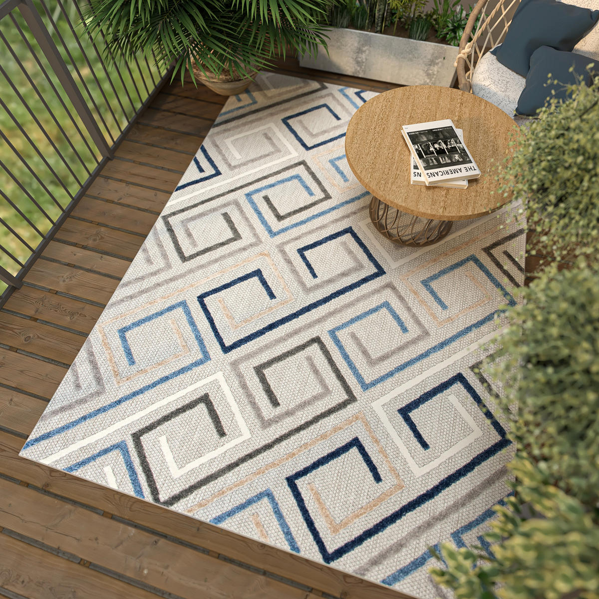 TEPPICH Outdoor Blue Grey Geometrisch Kurzflor Rechteckig- 80x150 cm - Hellgrau, Textil (80/150cm) - Mazovia