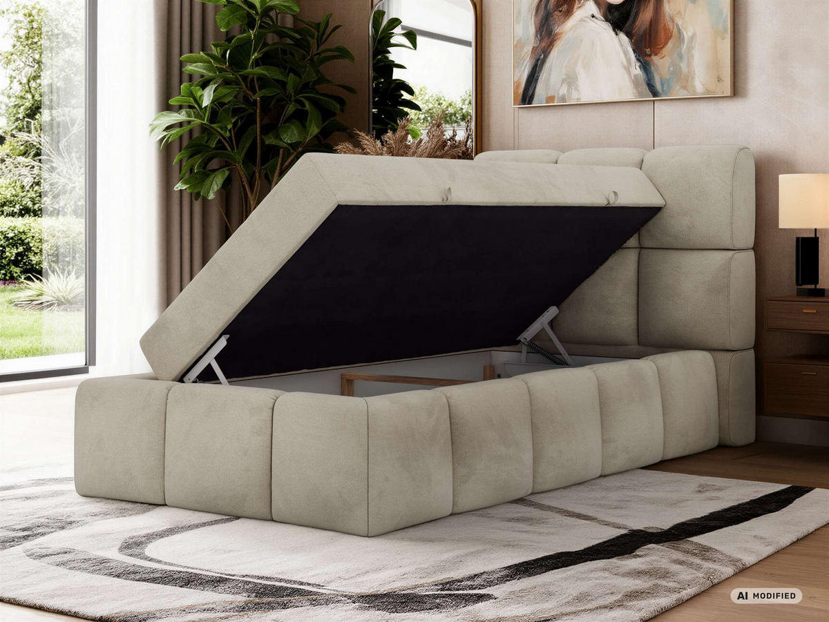 BOXBETT NIRA 90/200 - Beige Velvet - Topper Visco - H3 - Beige/Schwarz, Kunststoff/Textil (200/90cm) - MKS