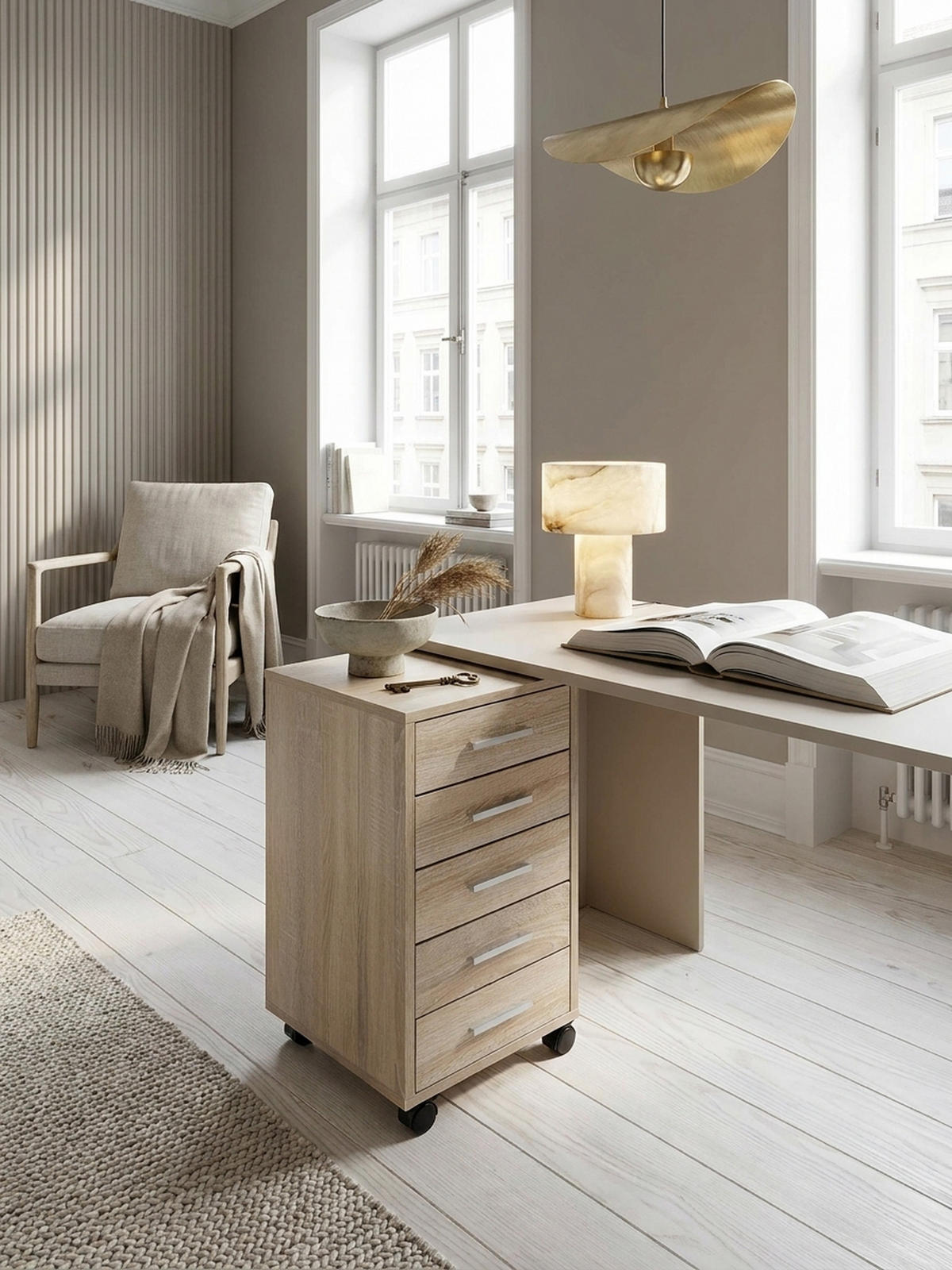 SCHUBLADENSCHRANK Holz 5 Schubladen Mit Rollen ITTER, Beige 33x38x63 cm - Beige/Schwarz, Holz/Kunststoff (33/63/38cm) - KADIMA DESIGN