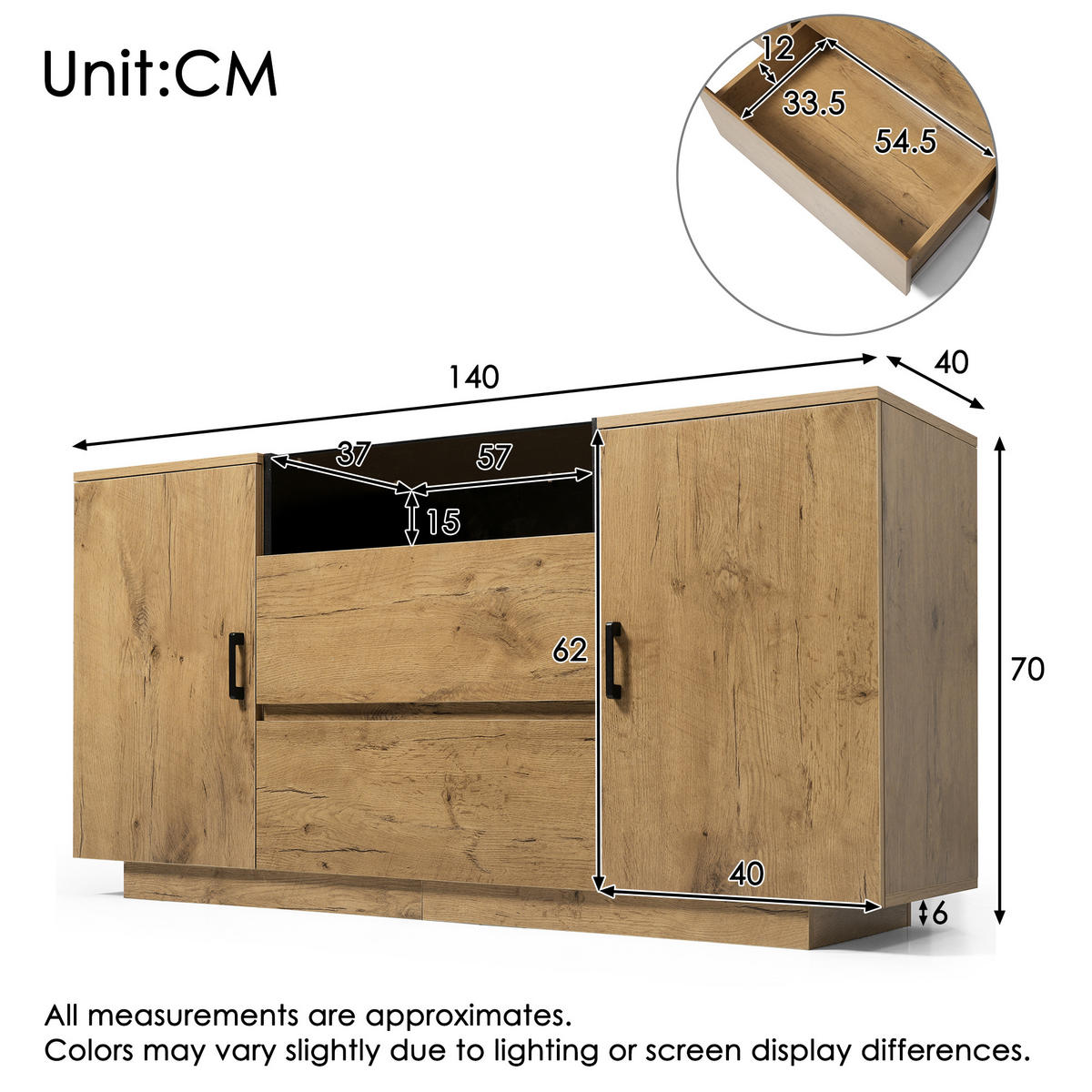 SIDEBOARD in Eichenoptik mit Glasfront mit 2 Schubladen, 2 Türen & offenem Fach - Eichefarben, Holzwerkstoff (140/70/40cm) - Urban Meuble