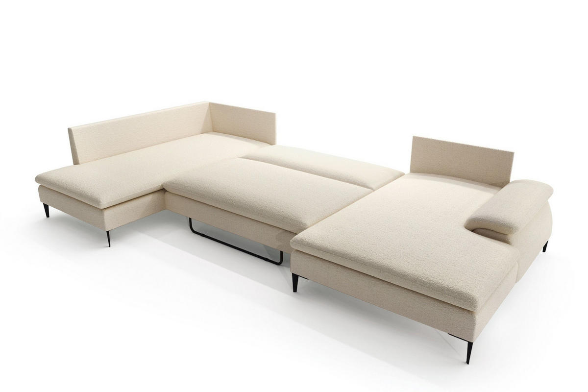 WOHNLANDSCHAFT BREZZA Beige Plüsch-Stoff mit Schlaffunktion - Beige, Holz (350/87/205cm) - MASSENO