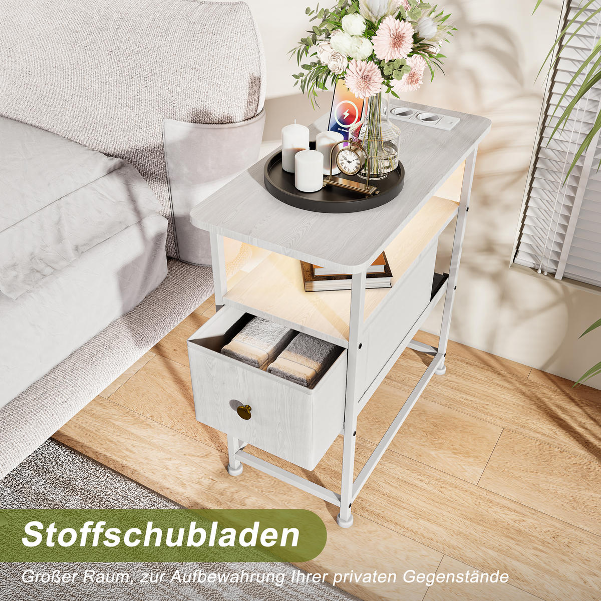 BEISTELLTISCH Weiß LED USB 1 Schublade - Weiß, Metall (60/30/62cm) - SHOPENTRA