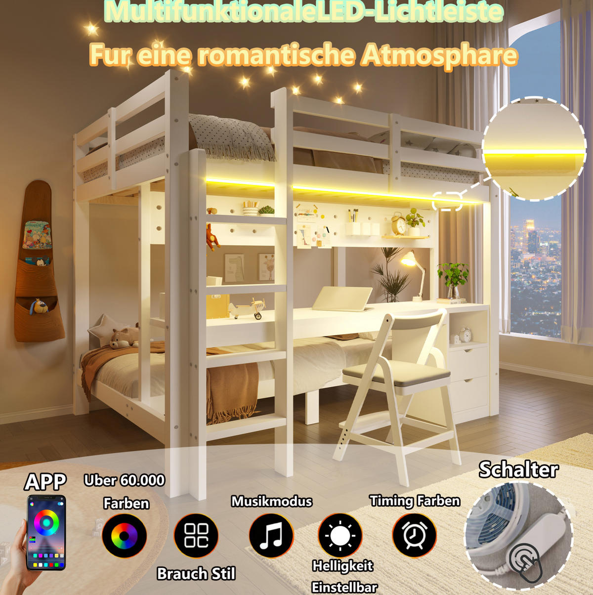 HOCHBETT 90/200 cm und 140/200 cm Weiß mit Schreibtisch, Schubladen und LED - Weiß, Holz (140/200cm) - MIVRAY