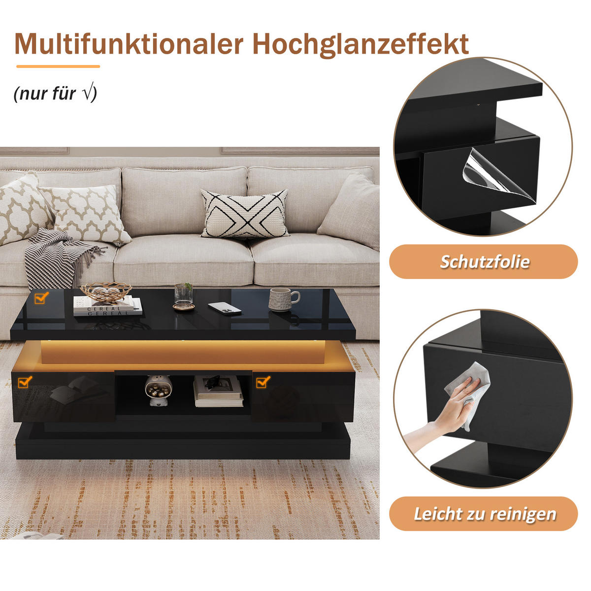 COUCHTISCH anhebbar Schwarz 2 Schubladen LED 100x50x40cm - Schwarz, Holzwerkstoff (100/50/40cm) - FLIEKS