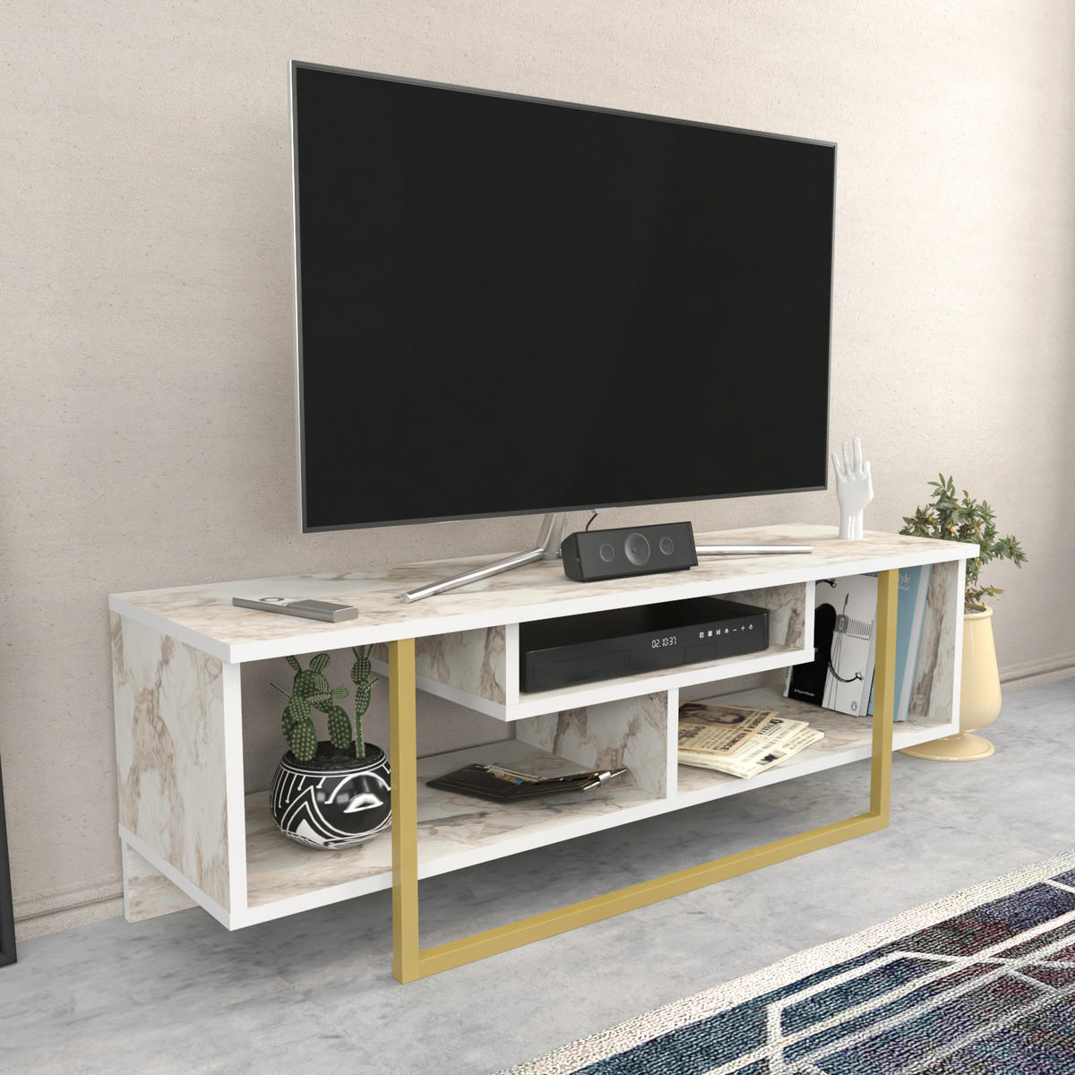 TV-ELEMENT Asal Weiss Marmor Gold - Goldfarben/Creme, Holzwerkstoff (119.4/40/35.2cm) - Decorotika