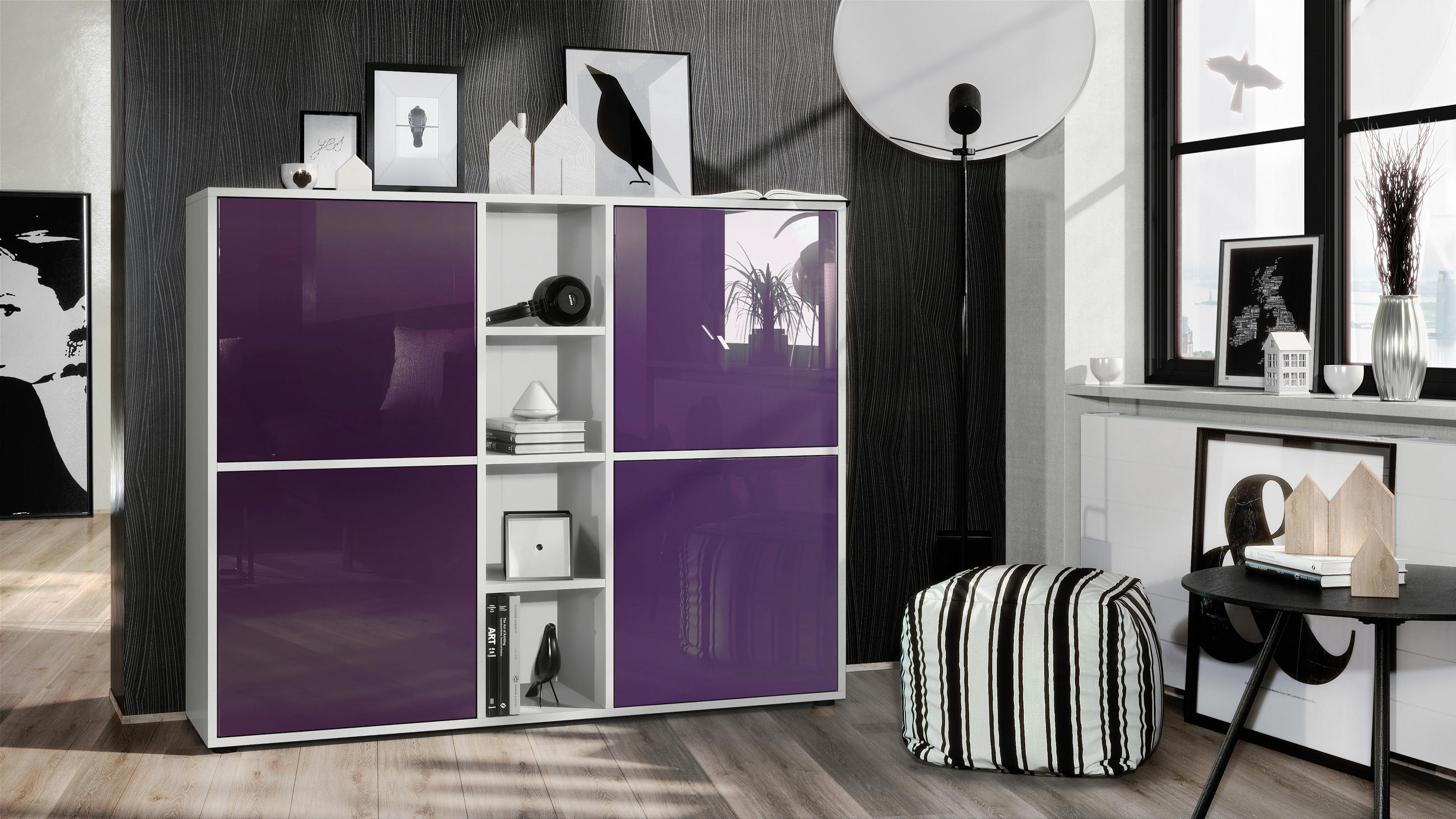 HIGHBOARD Cuba Türen in Brombeer Hochglanz - Brombeere, Holzwerkstoff (130.5/105.5/35.5cm) - Vladon
