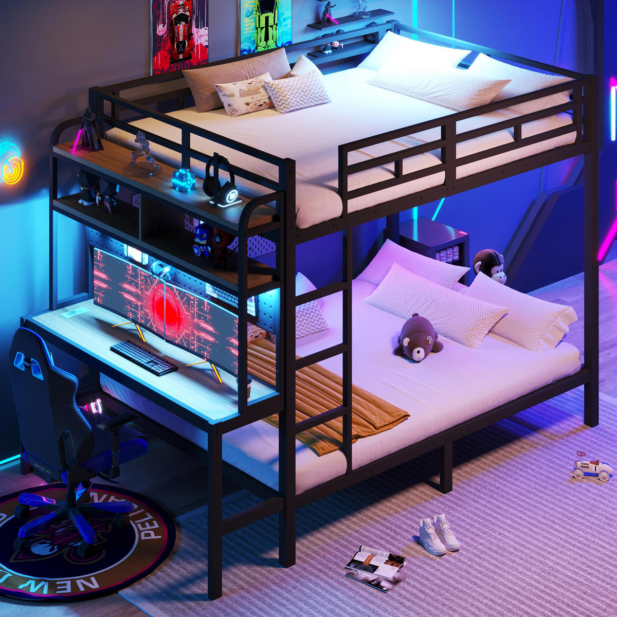 ETAGENBETT aus Metall und MDF 140x200 cm Schwarz mit Schreibtisch, Ablagefächern, LED-Lichtleiste und USB-Anschluss - Schwarz, Metall (140/200cm) - Modfu