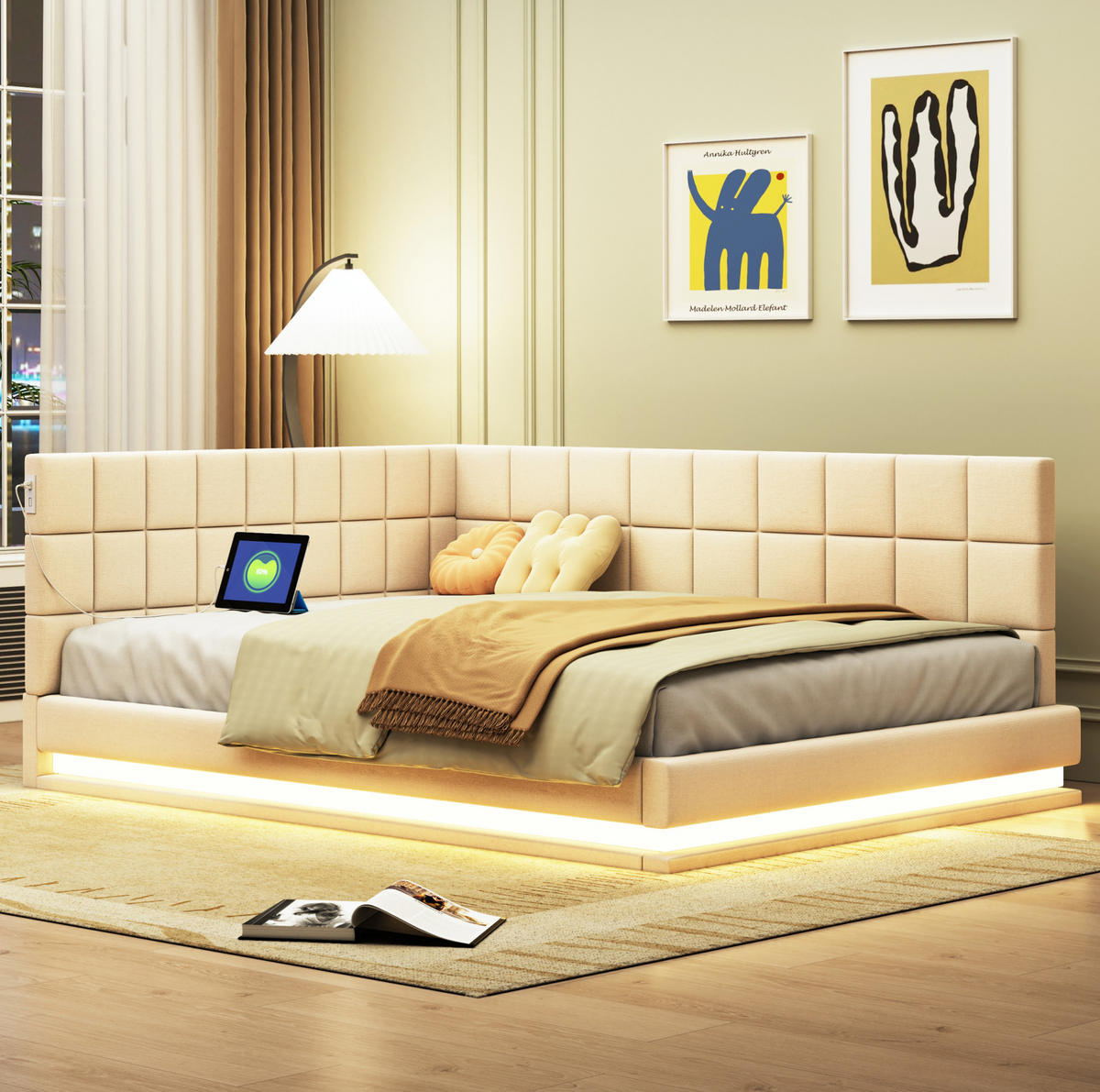 ČALÚNENÁ posteľ z ľanu 140x200 cm béžová s LED osvetlením, USB portom a lamelovým roštom - béžová, koža (140/200cm) - Modfu