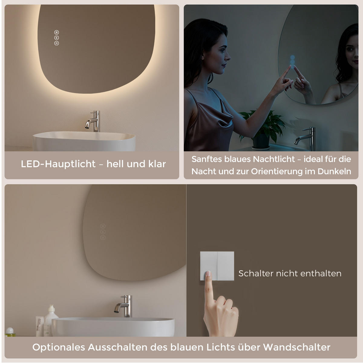 BADEZIMMERSPIEGEL mit Beleuchtung 75/55 cm asymmetrisch LED dimmbar mit Antibeschlag - Transparent, Glas (55/75/2.5cm) - S'AFIELINA