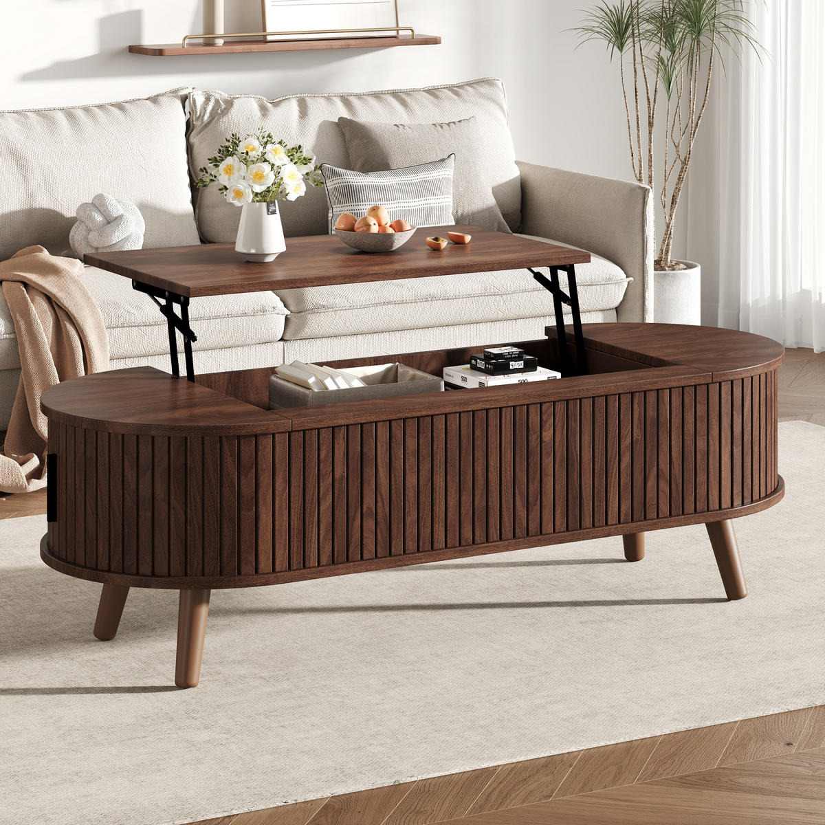 COUCHTISCH 120x50x39.5 cm Nussbaum Lift Stauraum 5 Fächer - Walnussfarben, Holzwerkstoff (120/50/39.5cm)