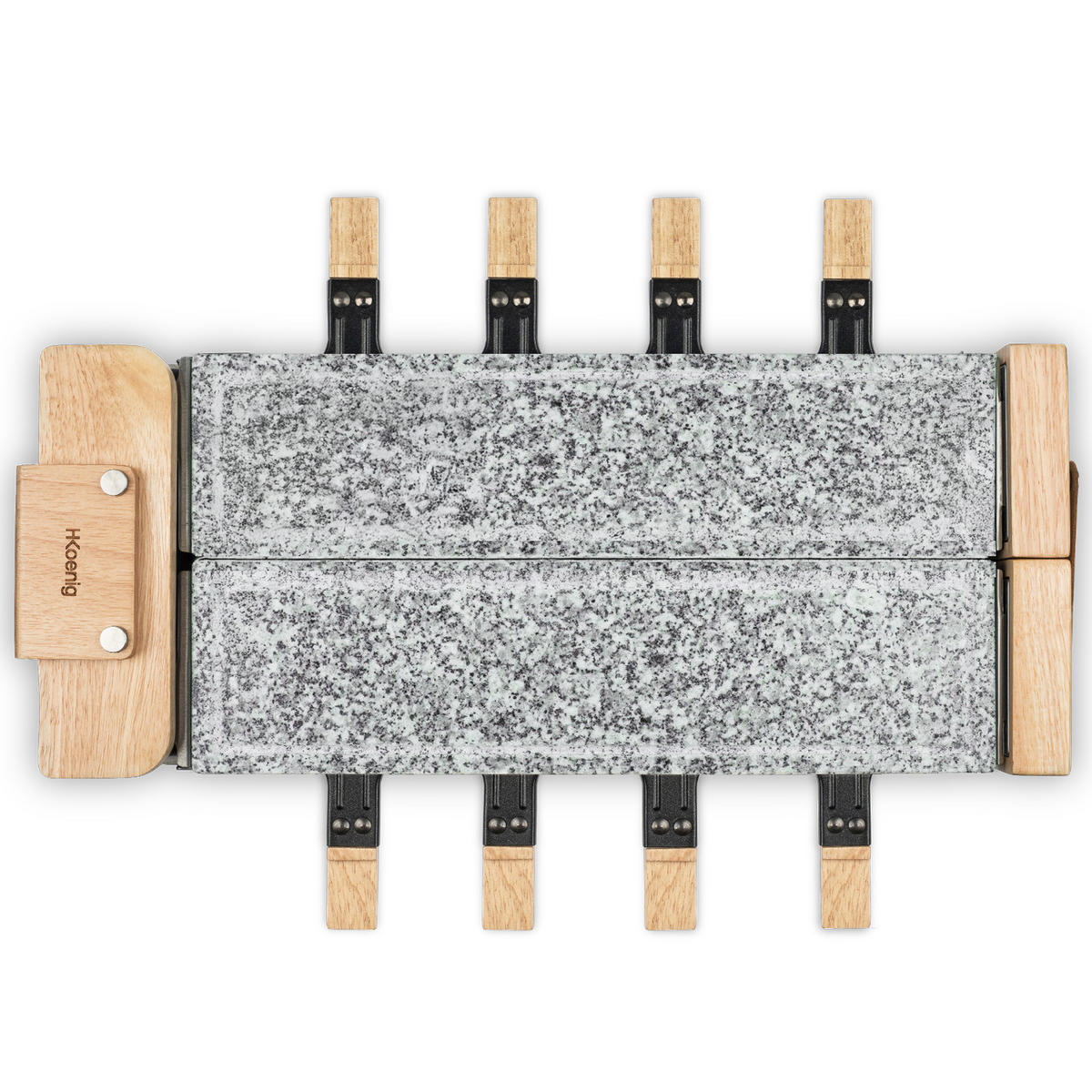 RACLETTE-GERÄT WOD362, Grau, Holzausführung, Doppelsteinpalette, 8 Pfannen und 8 Pfannenwender aus Holz - Zirbelkieferfarben, Holz (22/13/54.8cm) - HKoenig