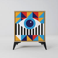SIDEBOARD ABSTRACTION AND GEOMETRY, Eichefarben, 57,5x42x70,5 cm, Schwarze Metall-Sternfüße - Eichefarben/Multicolor, Holzwerkstoff/Metall (57.5/70.5/42cm) - SpaceRebels