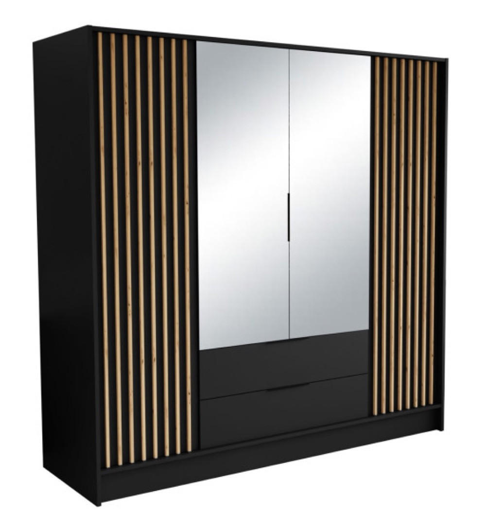 SCHRANK Schwarz ORE 200 Mit Lamellen Und Spiegel Craft Gold - Eichefarben/Goldfarben, Holzwerkstoff (200/200/51cm) - Sepro Meble