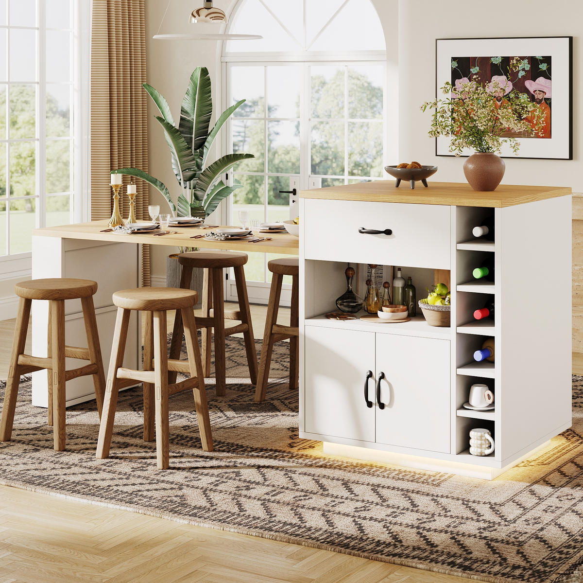 KÜCHENINSEL aus MDF und Metall 80x70x95,5 cm Weiß mit Ausziehtisch, 2 Schubladen, 4 Türen und Weinregal - Weiß, Holzwerkstoff (80/95.5/70cm) - Modfu