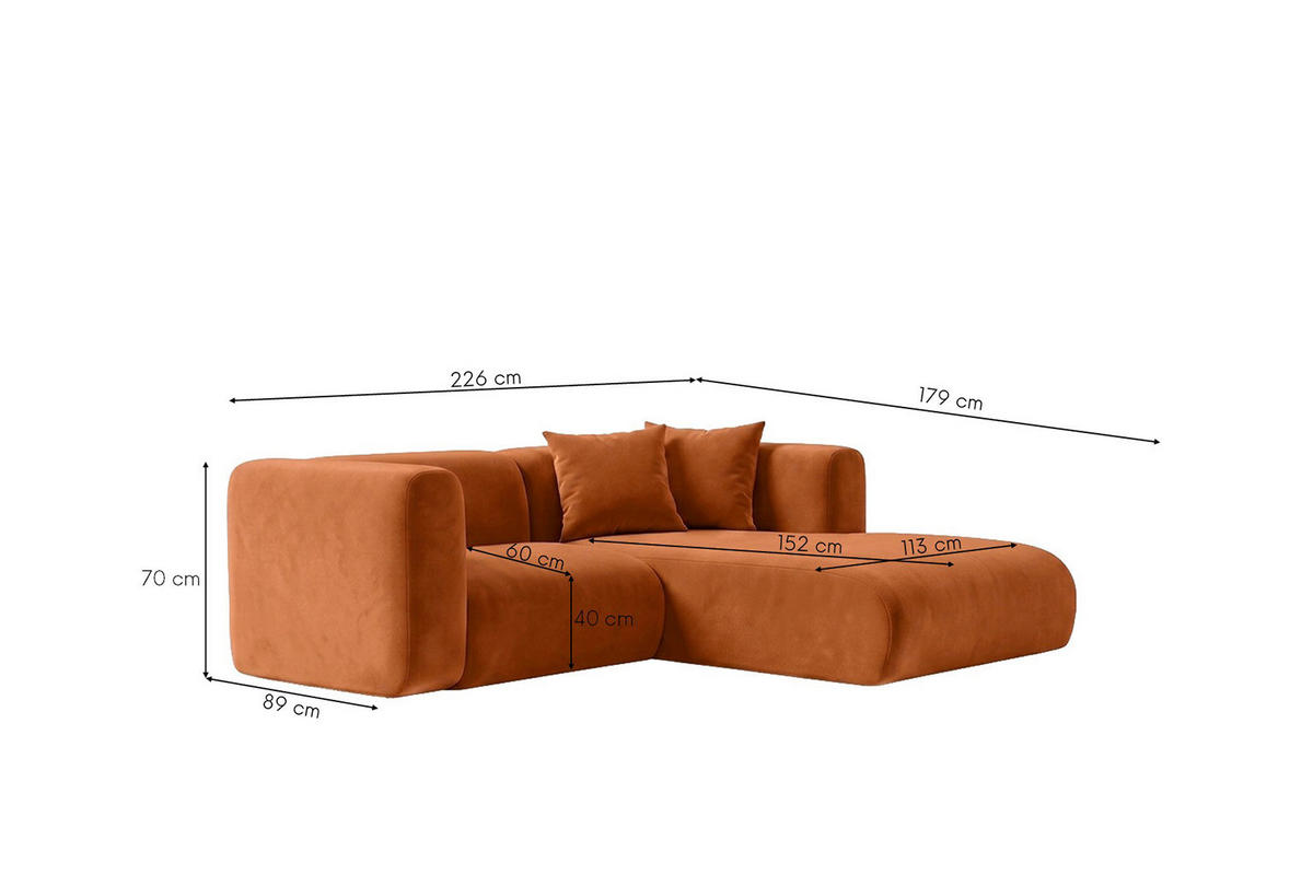 ECKSOFA L-Form mini, Velvet-Stoff Bluvel, Zimtfarbe, Rechts, GRETA - Orange, Holz (226/179cm) - Kaiser Möbel