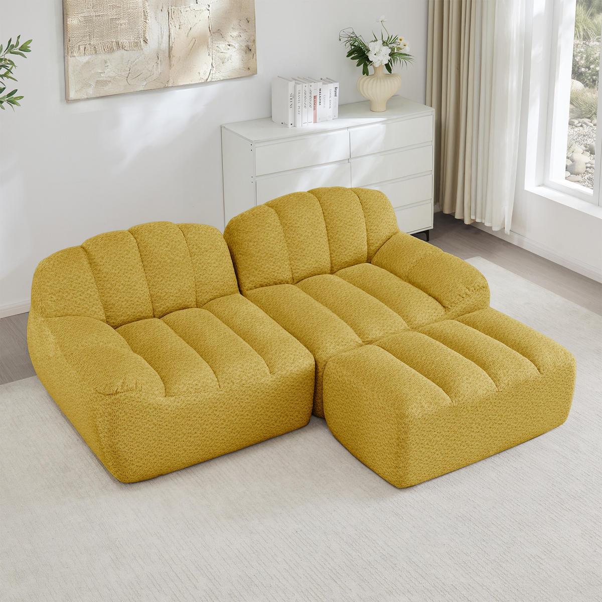 2-SITZER ECKSOFA Granulierter Fleece Gelb mit Ottomane - Gelb, Textil (210/165cm) - WISHDOR