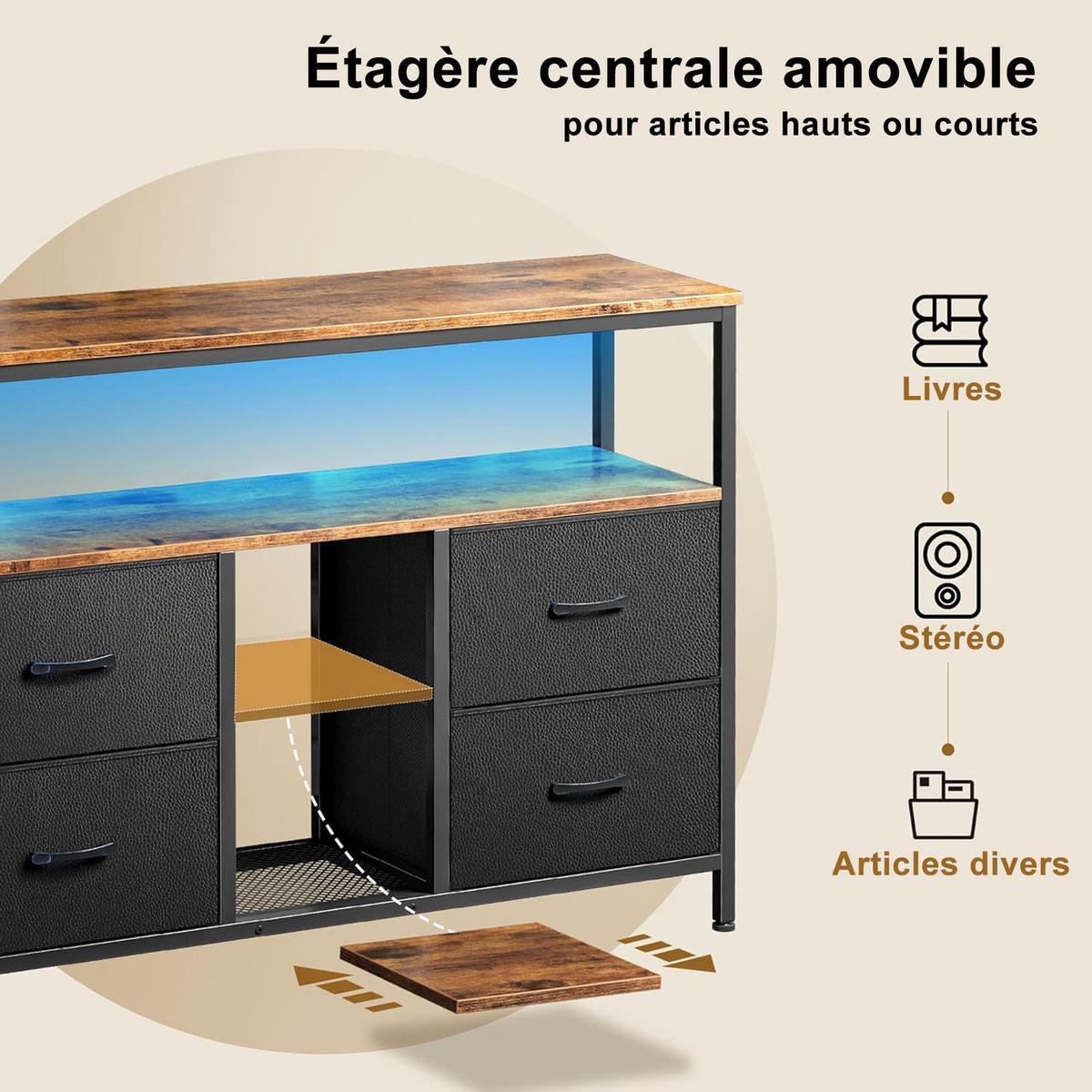 TV-SCHRANK 137 CM - Tigerholz-Optik mit Tigerholz-Stoffschubladen - Schwarz, Holz (30/78/137cm)