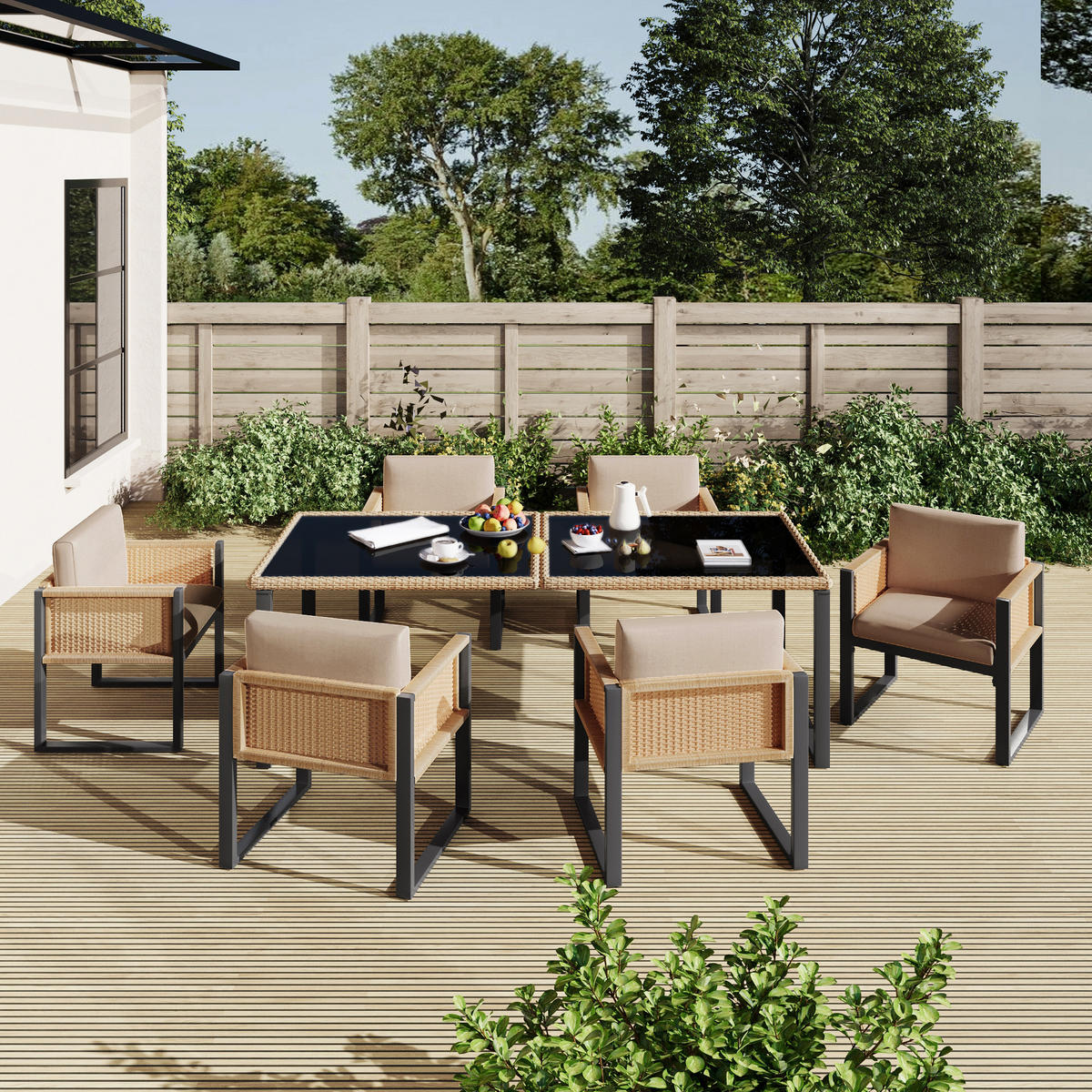 GARTENMÖBELSET Polyrattan 6 Personen Esstisch Stühle waschbar - Multicolor, Textil - FLIEKS