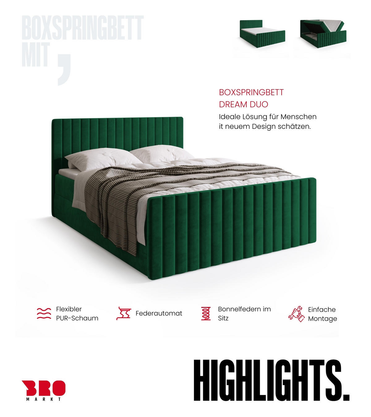 BOXSPRINGBETT Dream Duo mit Topper 160/200 Grün - Dunkelgrün, Kunststoff (160/200cm) - Bromarkt