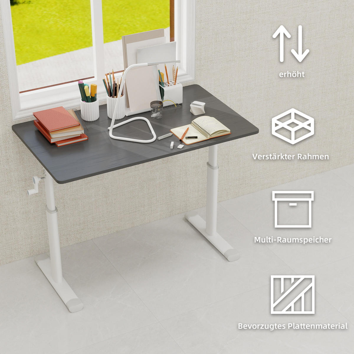 SCHREIBTISCH Grau 100/60/90 cm höhenverstellbar manuell - Grau, Metall (60/100/90cm) - PANGIVO