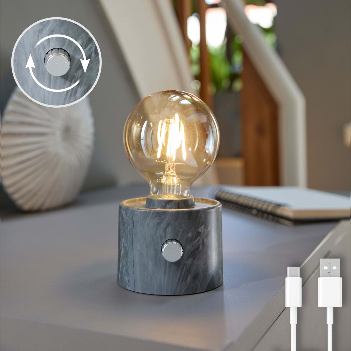 LED-TISCHLAMPE Vintage Edison dimmbar 10x9x16cm Marmor grau - Weiß, Kunststoff (10/8.7/16cm) - Northpoint