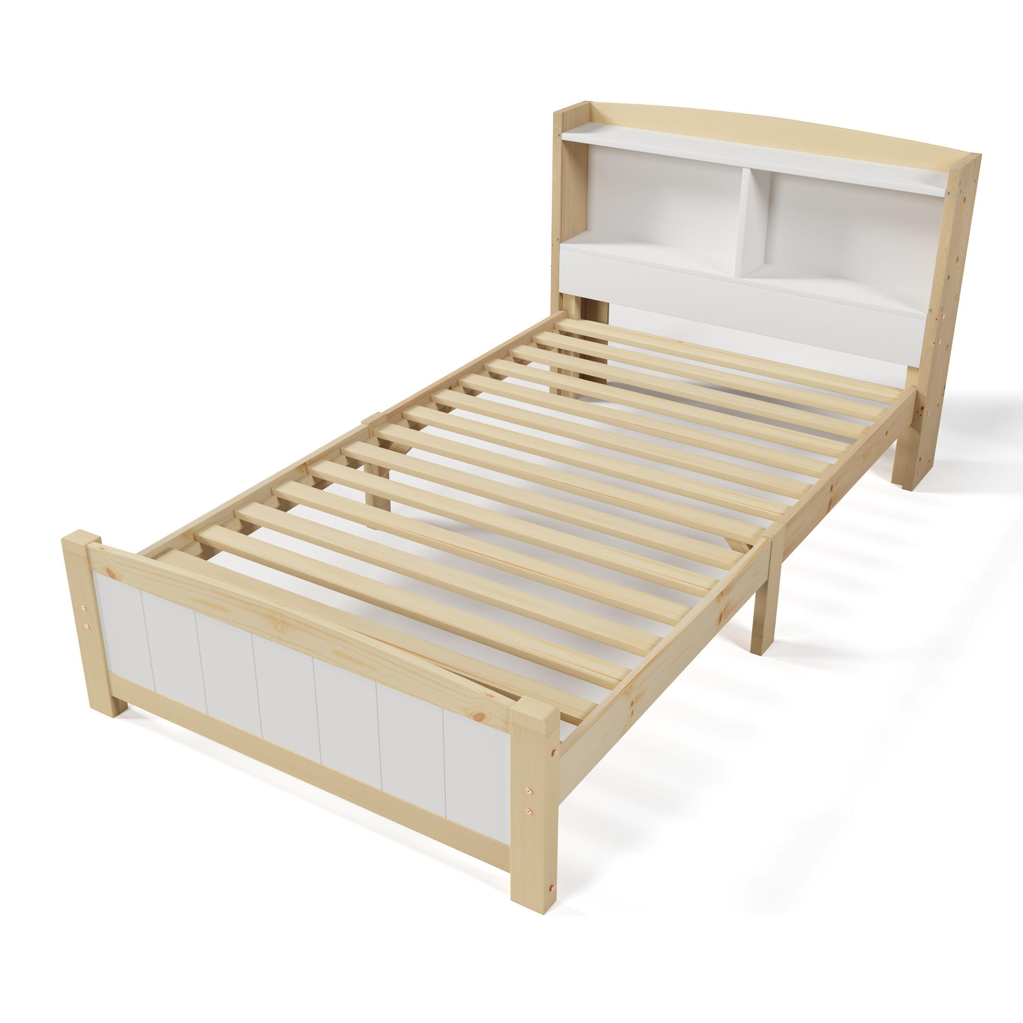 RAHMENBETT Einzelbett 90/200 cm mit Stauraum-Kopfteil aus Massivholz Weiß - Naturfarben, Holz (90/200cm) - OKWISH