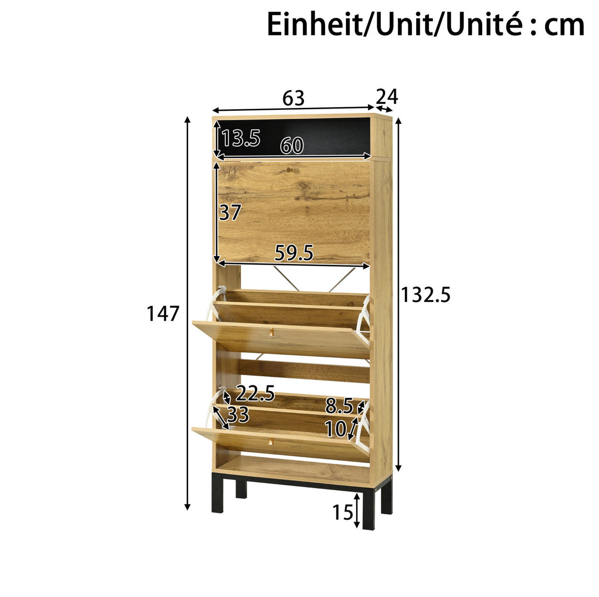 SCHUHSCHRANK 63/24/147 cm in Natur mit 3 Klappen und offenen Fächern - Naturfarben, Holzwerkstoff (63/147/24cm) - Flora Grace