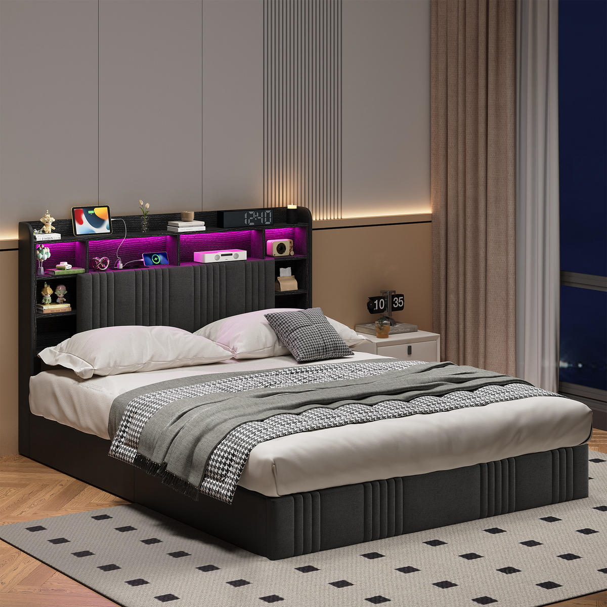 POLSTERBETT 140x200 cm Dunkelgrau Leinen mit Bettkasten, Hydraulik, LED RGB & USB Steckdose - Schwarz, Holz - SHOPENTRA