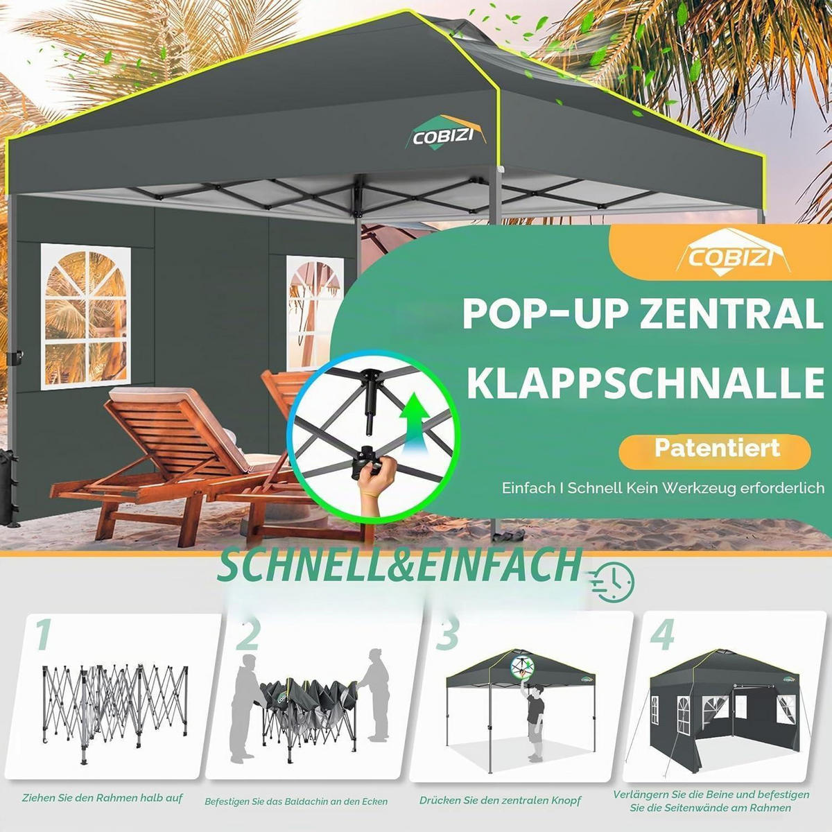 FALTPAVILLON 3x3m Grau Wasserdicht mit Seitenwänden - Grau, Textil (300/298/300cm)
