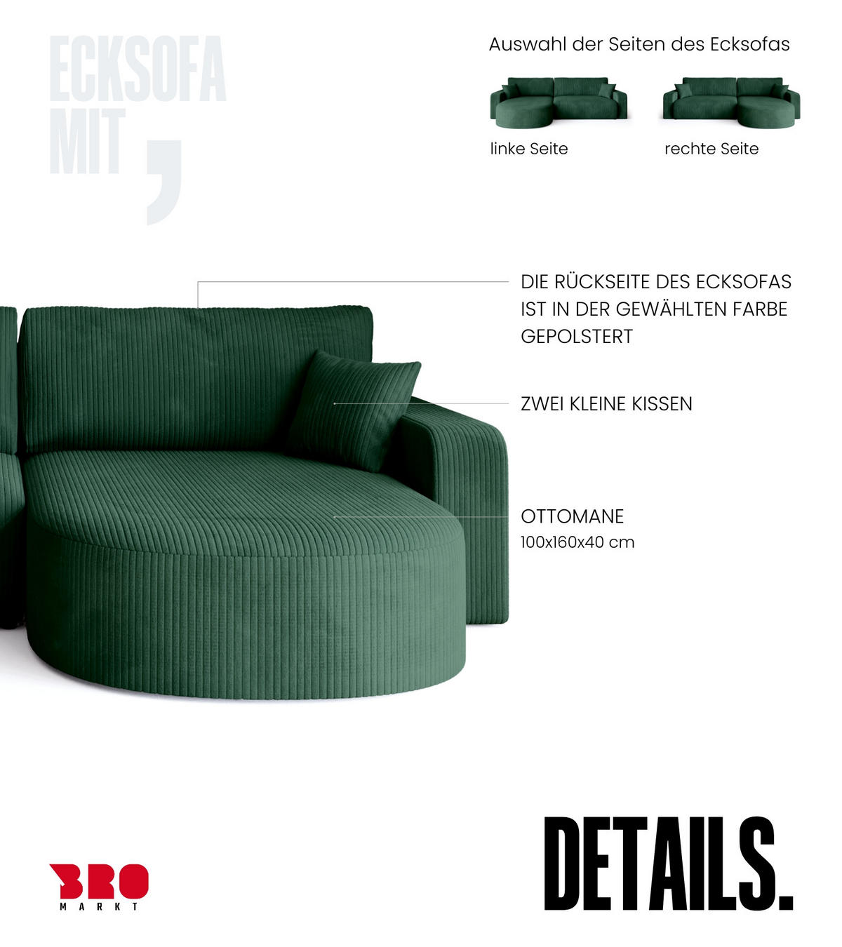 ECKSOFA Bisk mit Schlaffunktion Flaschengrün Cordstoff - Dunkelgrün, Textil (275/170cm) - Bromarkt