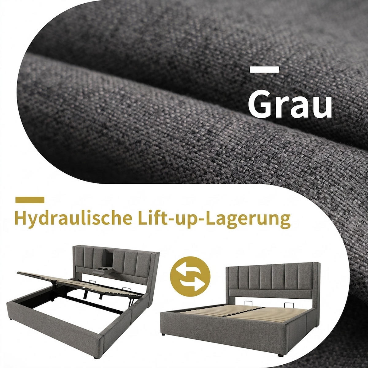 POLSTERBETT 180/200 cm Grau mit verstecktem Becherhalter und Ladestation (Ohne Matratze) - Grau, Textil (180/200cm) - Oxeza