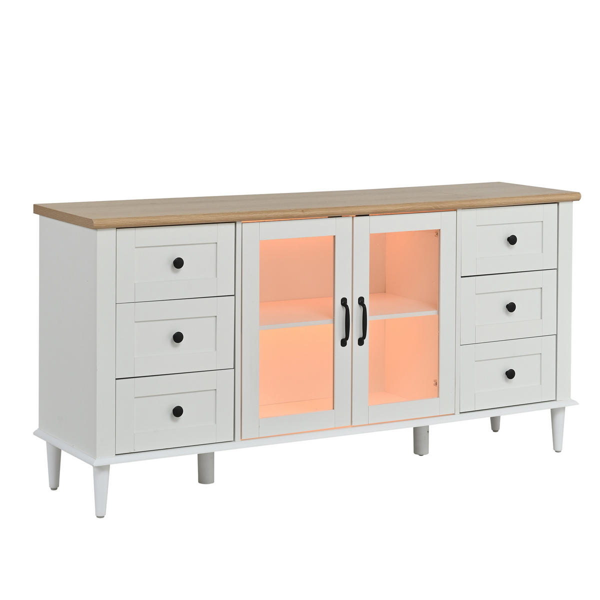 SIDEBOARD 150/40/75 cm mit 2 Acryltüren, 6 Schubladen & LED in Weiß/Holzoptik - Weiß, Holzwerkstoff (150/75/40cm) - BEAOK