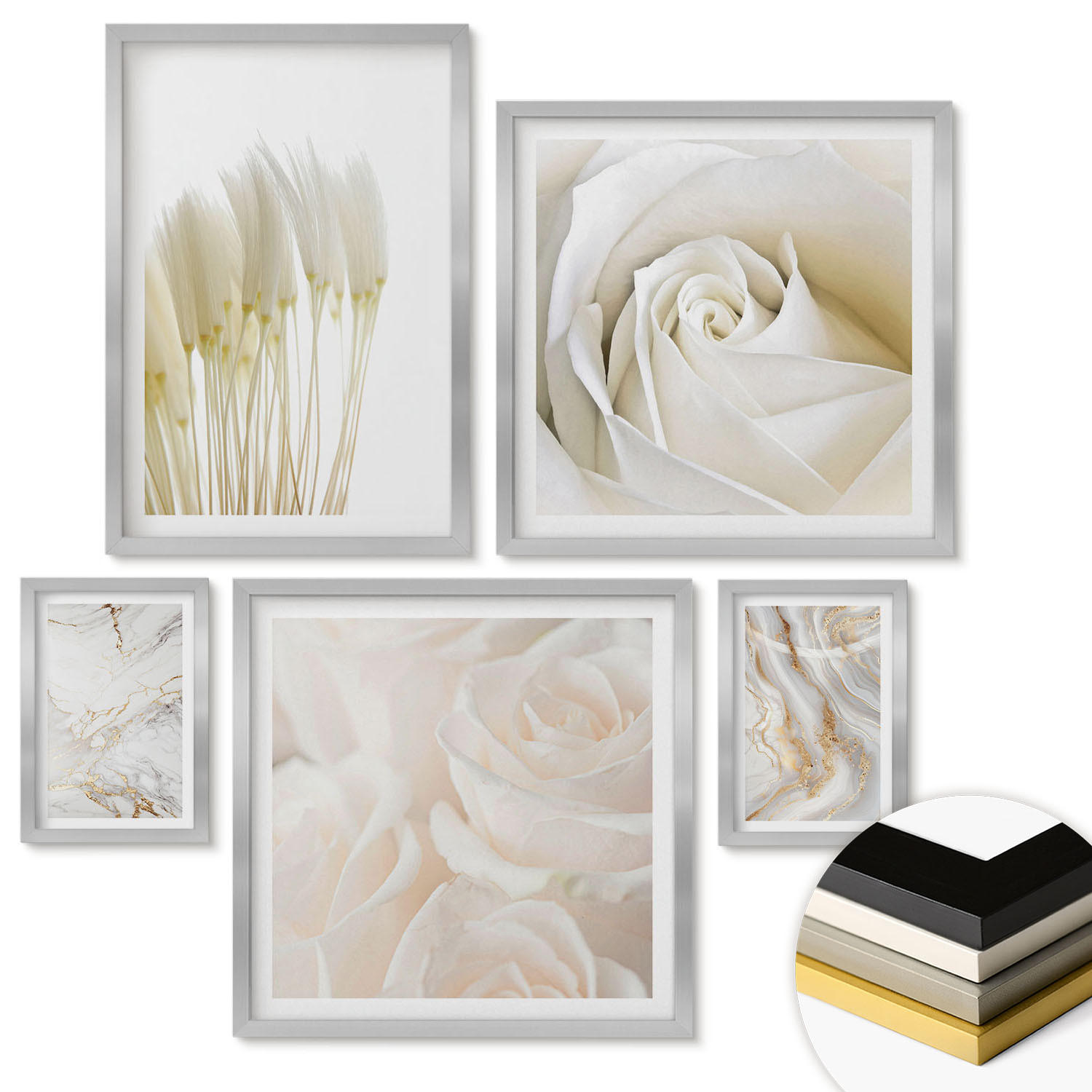 WANDBILDER 5er Set - 50x50 cm & 20x30 cm & 40x60 cm Silberner Rahmen - Elegante Marmormuster - Silberfarben, Kunststoff (40/60cm) - ArtPrintCave