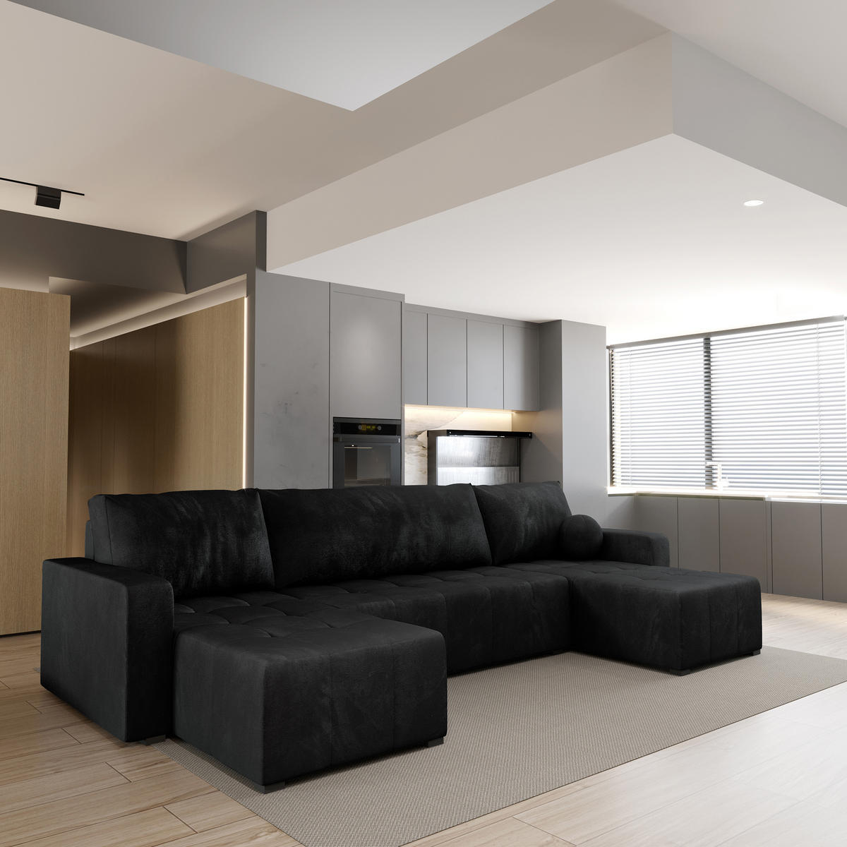 WOHNLANDSCHAFT TOLARI Schwarz Plüsch-Stoff mit Schlaffunktion - Schwarz, Holz (295/85/140cm) - MASSENO