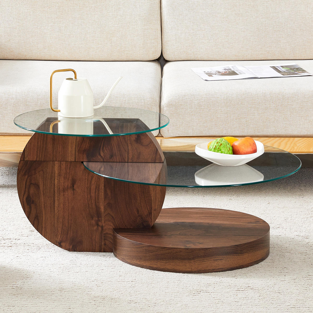 COUCHTISCH aus MDF und Glas Ø50/70x44 cm in Walnuss mit Ablageflächen - Walnussfarben, Glas (90/90/44cm) - Modfu