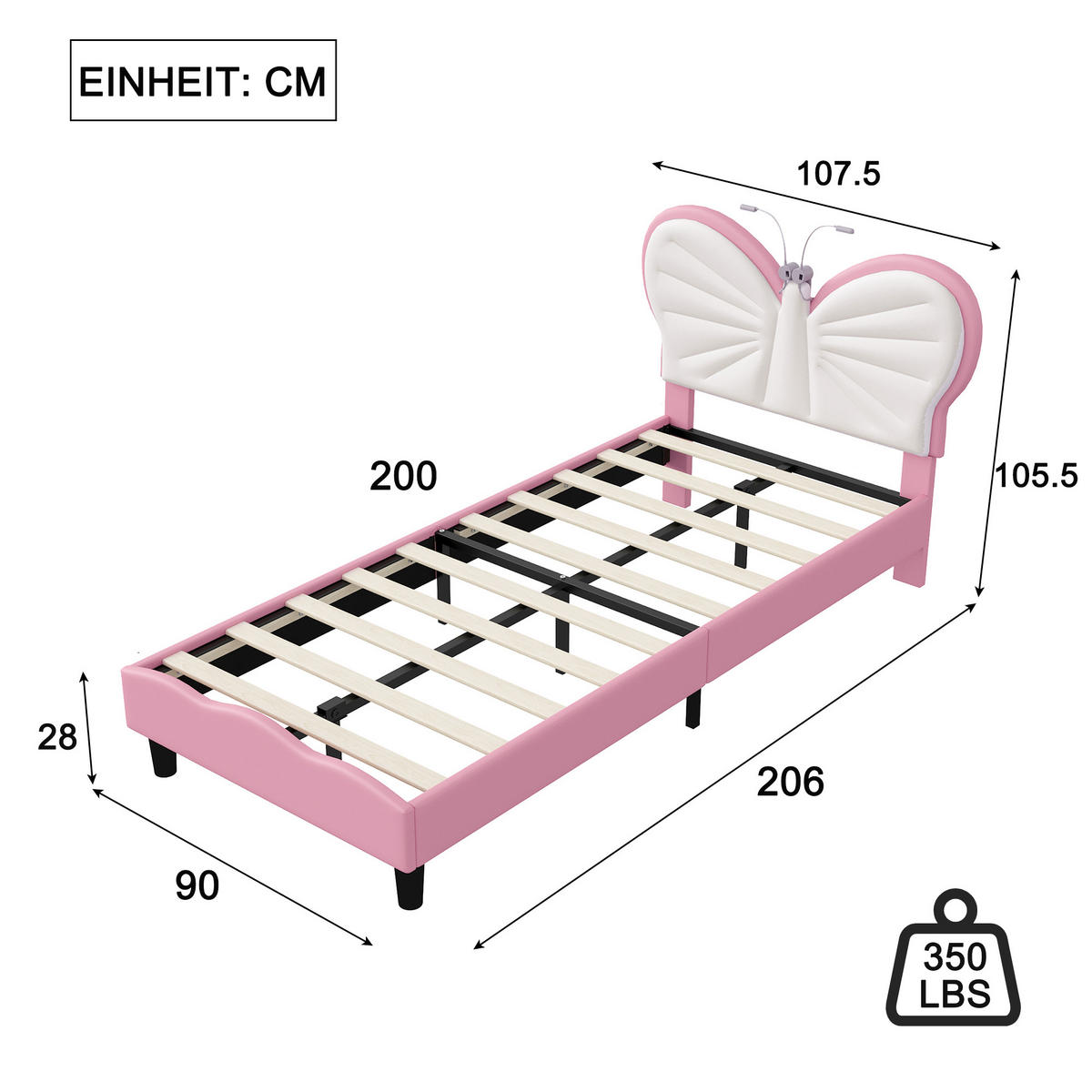 POLSTERBETT 90/190 cm Weiß Rosa mit LED-Leseleuchte - Rosa, Holz (90/190cm) - SHOPENTRA