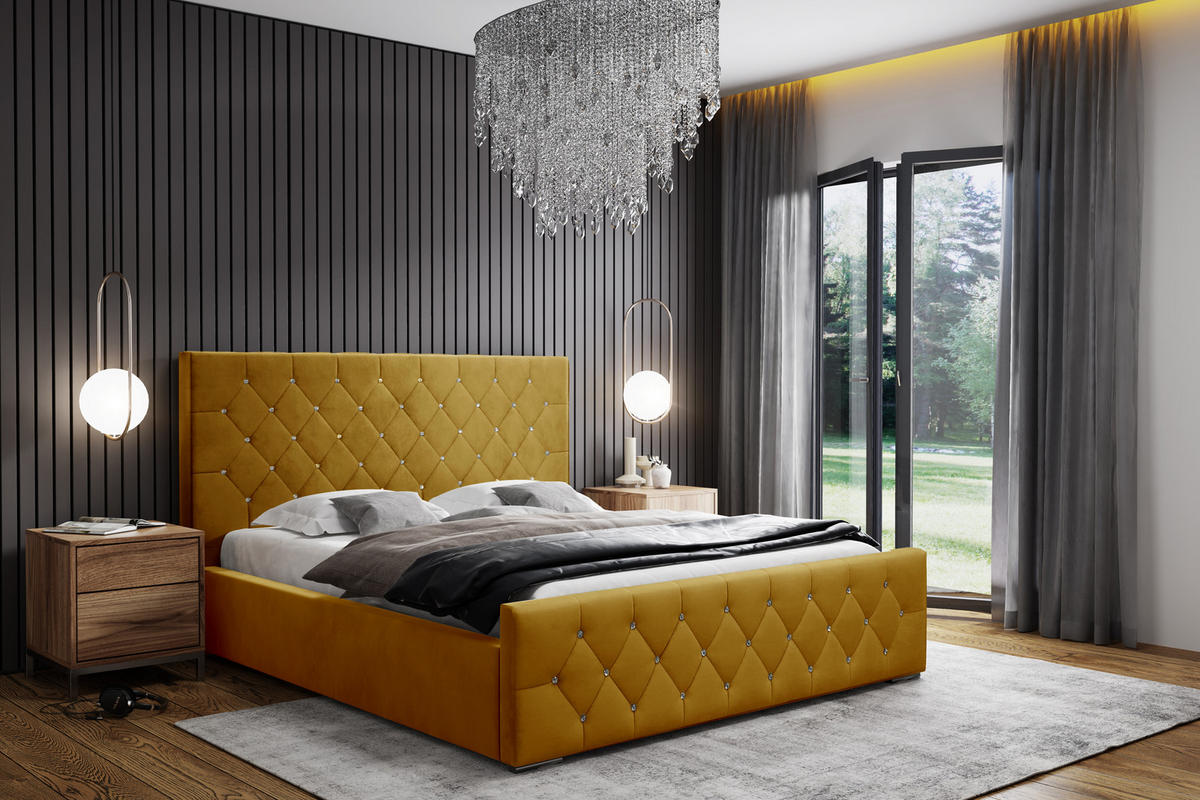 POLSTERBETT Mona I Polsterbett modern, hochwertiger Stoff, Bettkasten, elegantes halbrundes Design 160x200 cm, gelb. - Gelb/Schwarz, Holzwerkstoff/Kunststoff (140/200cm) - DomoHome