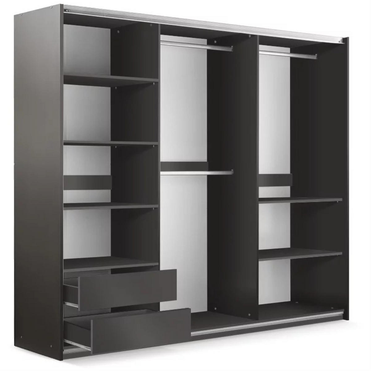 SCHWEBETÜRENSCHRANK Evia mit 2 Türen und Spiegel, 250 cm - Eiche Wotan/Schwarz, Holzwerkstoff (250/215/65cm) - Beautysofa