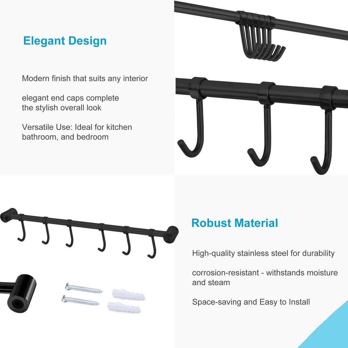 KÜCHEN HAKENLEISTE mit 7 Haken - Schwarz, Metall (3.4/2.2/35.8cm) - Intirilife