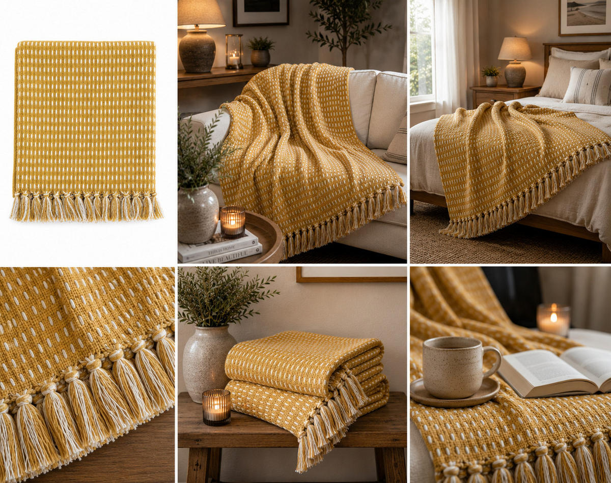 DECKE Straight 130x180 cm, 100% Baumwolle, Senf - Gelb, Textil (130/180cm) - Au Maison