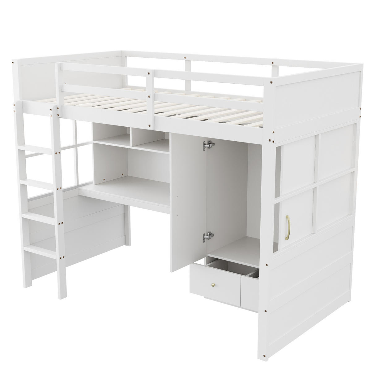 HOCHBETT 90/200 cm in Weiß mit Schreibtisch, Kleiderschrank und Schubladen - Weiß, Holzwerkstoff (90/200cm) - Flora Grace